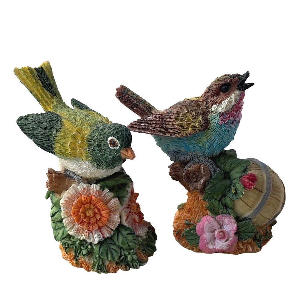 Vintage Style Bird Figurines Set of 2 Floral Barrel Resin Garden Decor Multi